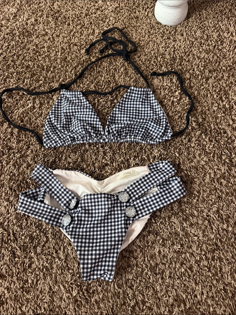A Classy Chic Boutique Black & White Gingham Bikini with Decorative Buttons